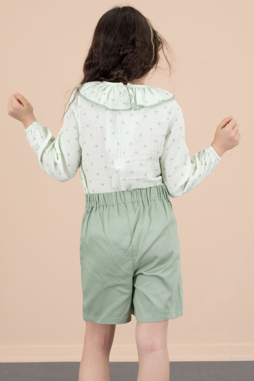 Yeşil Kalp Desenli Müslin Gömlekli Kız Çocuk Şort  Etekli 2li Takım 20676