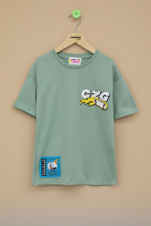 Yeşil Kaykay Baskılı Yazılı Erkek Çocuk Bisiklet Yaka Tişört 20917