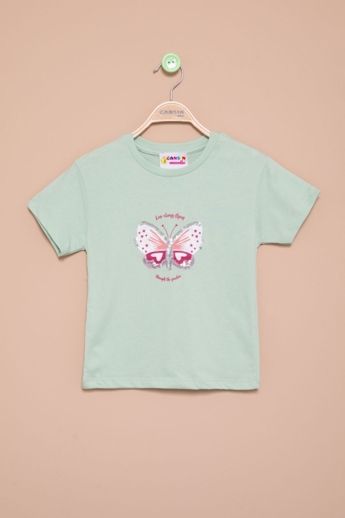 Yeşil Kelebek Baskılı Payetli Kız Çocuk Tişört 20999