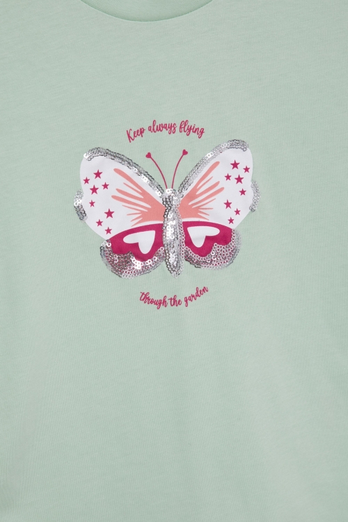 Yeşil Kelebek Baskılı Payetli Kız Çocuk Tişört 20999