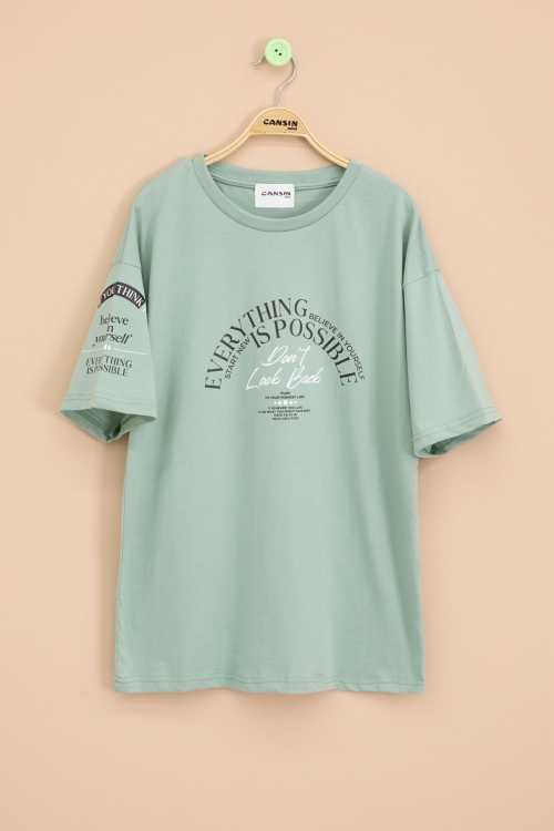 Yeşil Kolu Yazı Detaylı Bisiklet Yaka Erkek Çocuk Tişört 20901