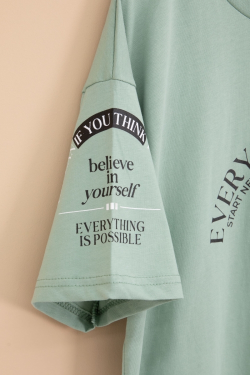 Yeşil Kolu Yazı Detaylı Bisiklet Yaka Erkek Çocuk Tişört 20901