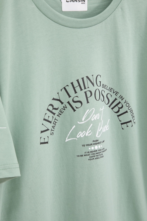 Yeşil Kolu Yazı Detaylı Bisiklet Yaka Erkek Çocuk Tişört 20901