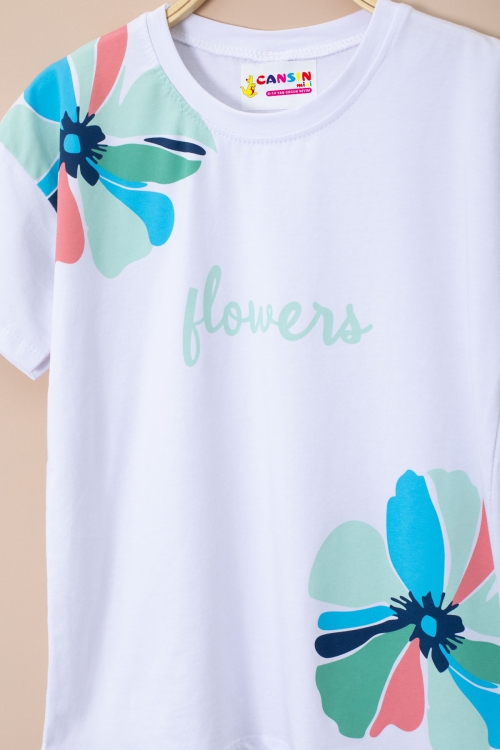 Yeşil Omzu Çiçek Baskılı Tİşörtlü Şortlu Kız Çocuk 2li Takım 21067