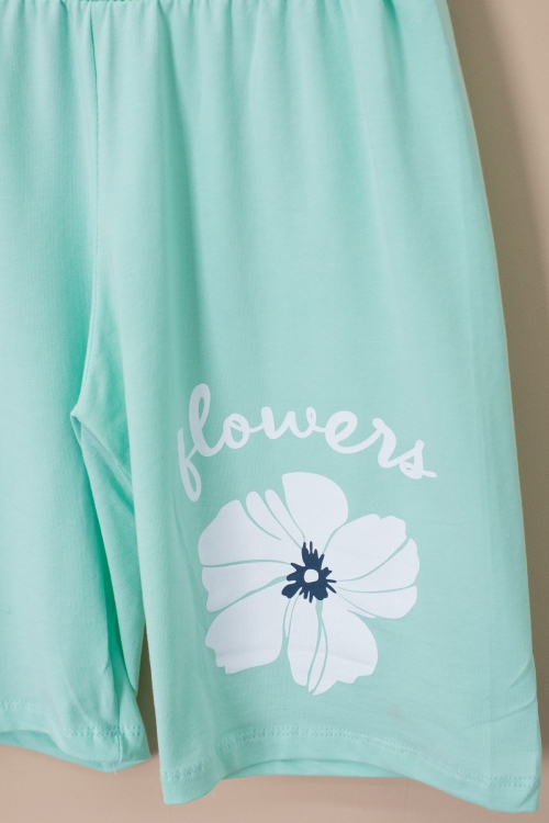 Yeşil Omzu Çiçek Baskılı Tİşörtlü Şortlu Kız Çocuk 2li Takım 21067