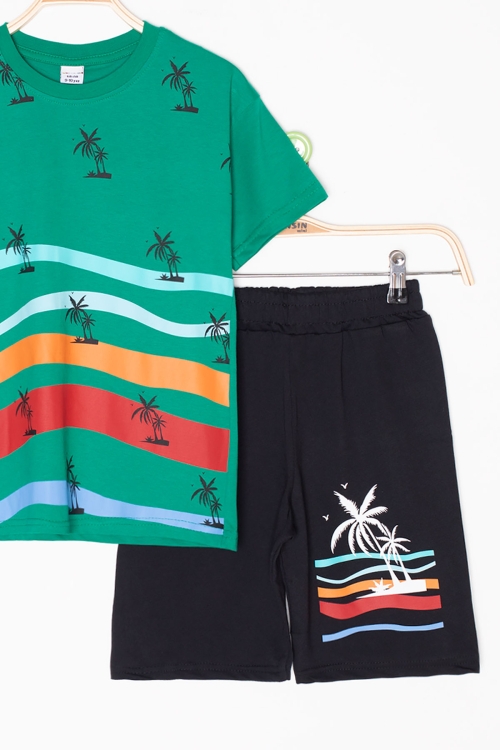 Yeşil Palmiye Desenli Bisiklet Yaka Erkek Çocuk Şortlu Takım 20629