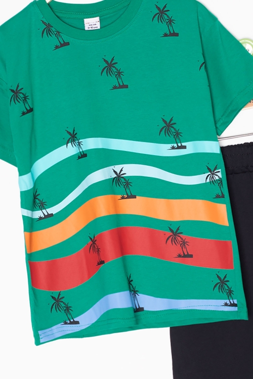 Yeşil Palmiye Desenli Bisiklet Yaka Erkek Çocuk Şortlu Takım 20629