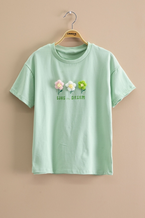 Yeşil Papatya Nakışlı Bisiklet Yaka Kız Çocuk Tişört 20986