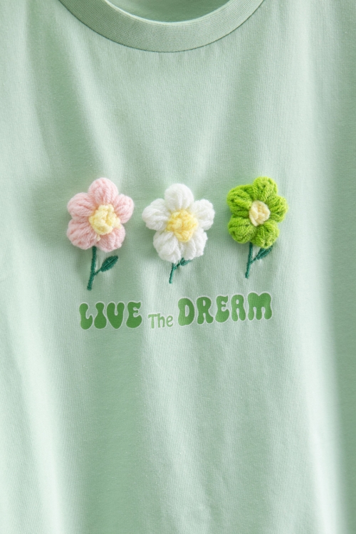 Yeşil Papatya Nakışlı Bisiklet Yaka Kız Çocuk Tişört 20986