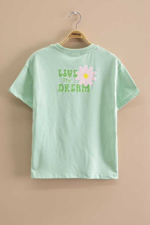 Yeşil Papatya Nakışlı Bisiklet Yaka Kız Çocuk Tişört 20986