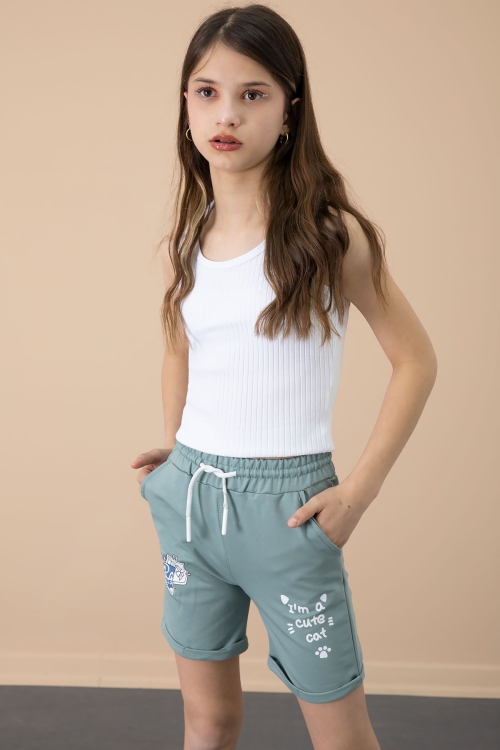 Yeşil Patili Cute Baskılı Kız Çocuk Beli Lastikli Şort 20730