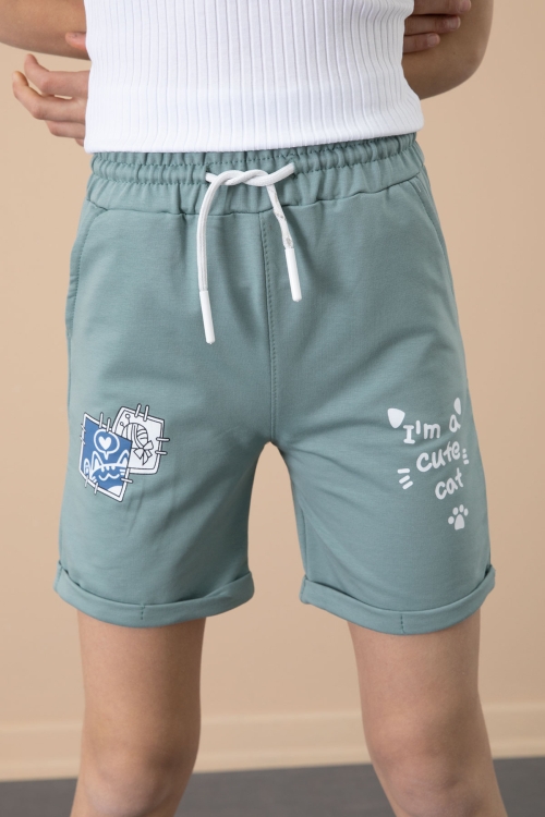 Yeşil Patili Cute Baskılı Kız Çocuk Beli Lastikli Şort 20730