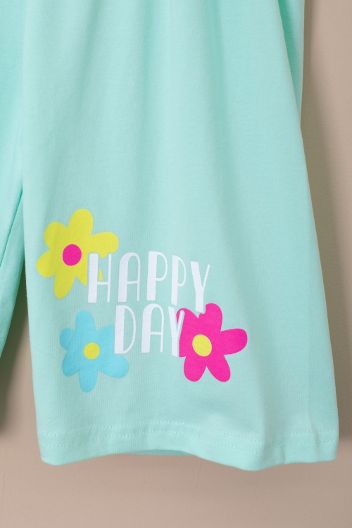 Yeşil Renkli Çiçek Baskılı Tişörtlü ve Şortlu Kız Çocuk 2li Takım 21062