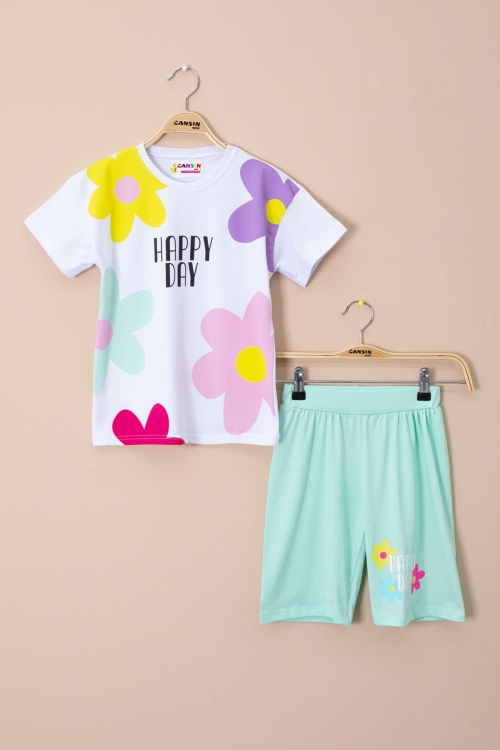 Yeşil Renkli Çiçek Baskılı Tişörtlü ve Şortlu Kız Çocuk 2li Takım 21062