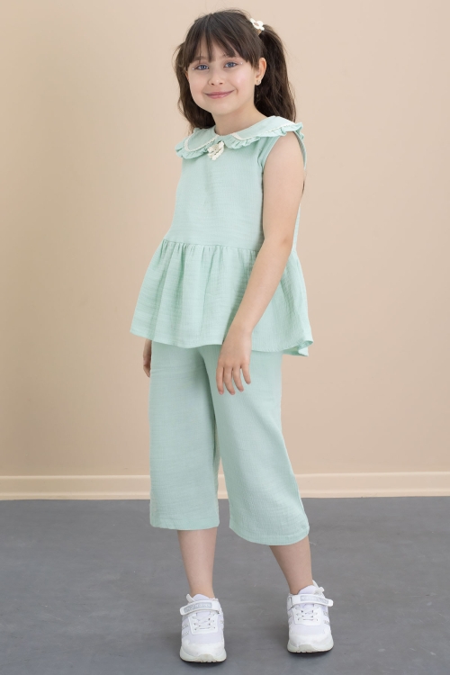 Yeşil Sıfır Kol Bebe Yaka Bluzlu Pantolonlu Kız Çocuk 2li Takım 21032