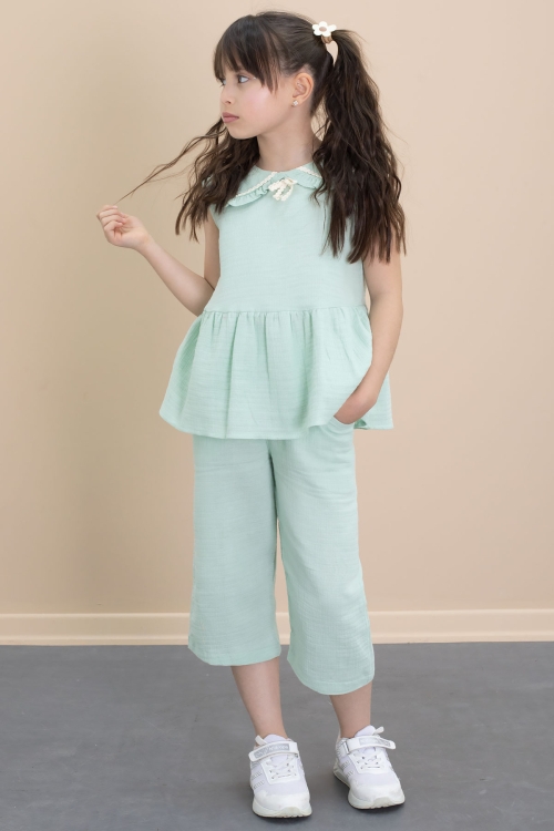 Yeşil Sıfır Kol Bebe Yaka Bluzlu Pantolonlu Kız Çocuk 2li Takım 21032