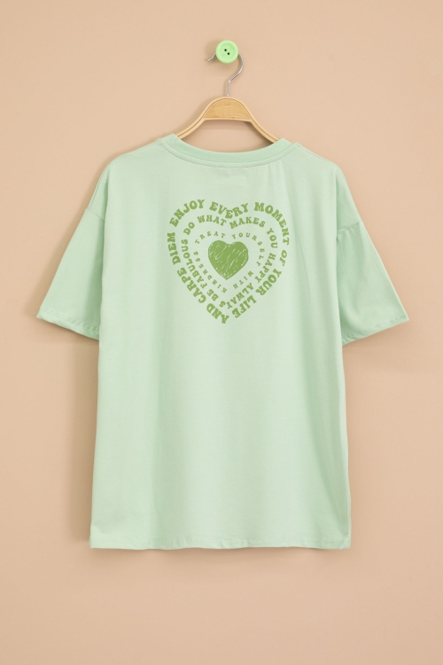 Yeşil Sırtı Kalp Baskılı Yazılı Kız Çocuk Bisiklet Yaka Tişört 20970