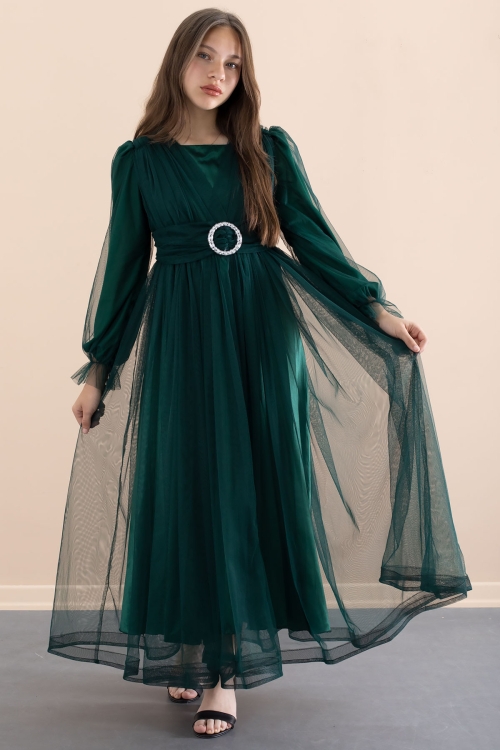 Yeşil Toka Detaylı Astarlı Kız Çocuk Uzun Kollu Tüllü Elbise 21092