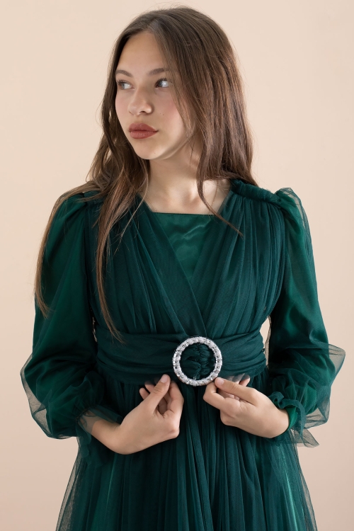 Yeşil Toka Detaylı Astarlı Kız Çocuk Uzun Kollu Tüllü Elbise 21092