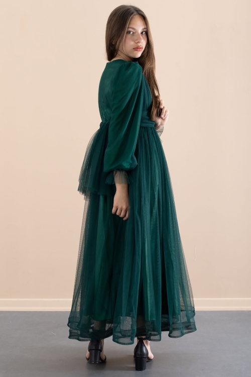 Yeşil Toka Detaylı Astarlı Kız Çocuk Uzun Kollu Tüllü Elbise 21092