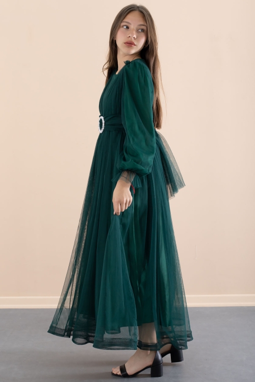 Yeşil Toka Detaylı Astarlı Kız Çocuk Uzun Kollu Tüllü Elbise 21092