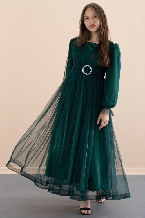 Yeşil Toka Detaylı Astarlı Kız Çocuk Uzun Kollu Tüllü Elbise 21092