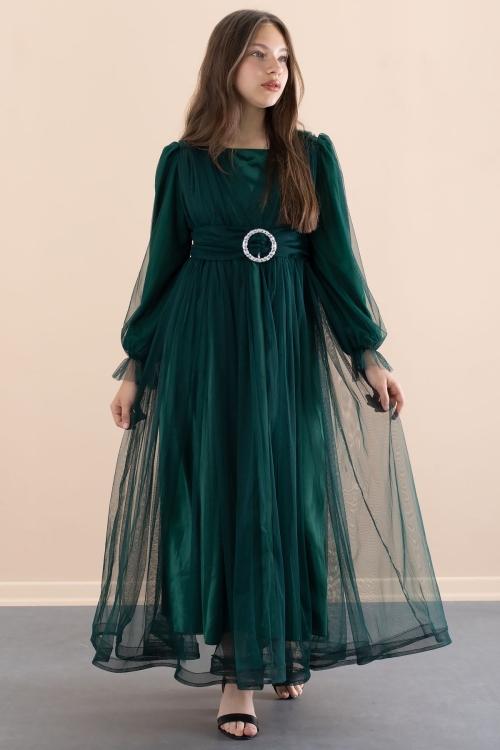 Yeşil Toka Detaylı Astarlı Kız Çocuk Uzun Kollu Tüllü Elbise 21092