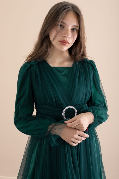 Yeşil Toka Detaylı Astarlı Kız Çocuk Uzun Kollu Tüllü Elbise 21092