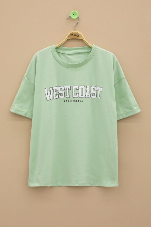 Yeşil West Coast Yazılı Kısa Kol Kız Çocuk Bisiklet Yaka Tişört 20964