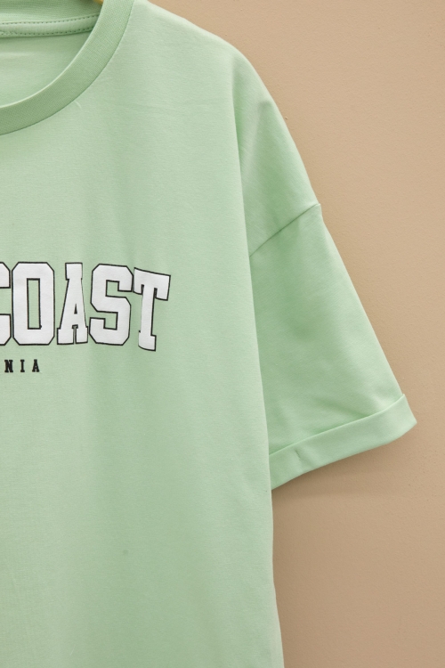 Yeşil West Coast Yazılı Kısa Kol Kız Çocuk Bisiklet Yaka Tişört 20964