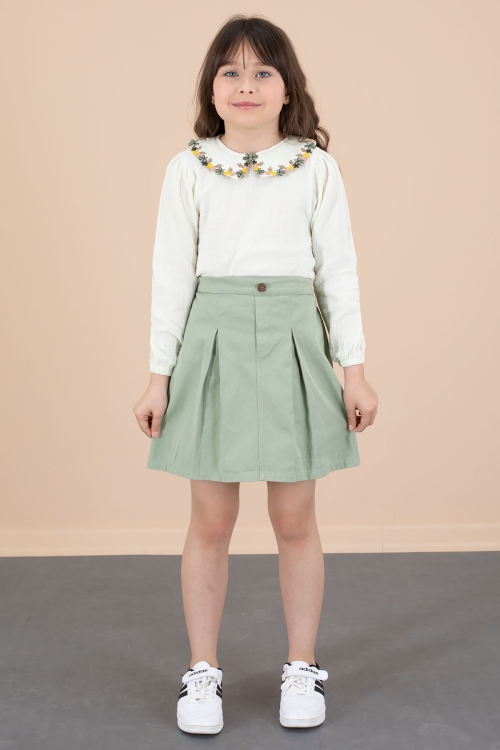 Yeşil Yakası Çiçek Nakışlı Müslin Gömlekli Etekli Kız Çocuk 2li Takım 20672