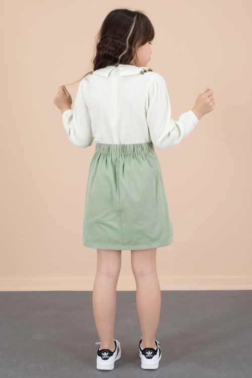 Yeşil Yakası Çiçek Nakışlı Müslin Gömlekli Etekli Kız Çocuk 2li Takım 20672