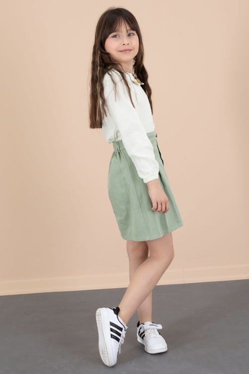 Yeşil Yakası Çiçek Nakışlı Müslin Gömlekli Etekli Kız Çocuk 2li Takım 20672