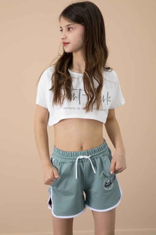 Yeşil Yanları Yırtmaçlı Çiçek Baskılı Beli Lastikli Kız Çocuk Şort 20741