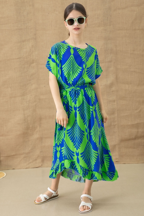 Yeşil Yaprak Desenli Fırfırlı Kız Çocuk Kuşaklı Elbise 20765