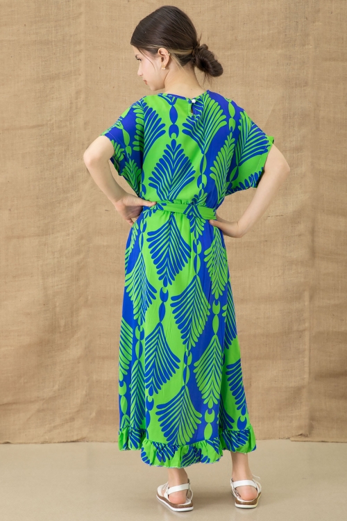 Yeşil Yaprak Desenli Fırfırlı Kız Çocuk Kuşaklı Elbise 20765