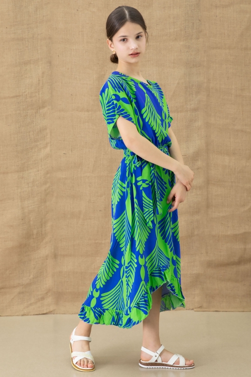 Yeşil Yaprak Desenli Fırfırlı Kız Çocuk Kuşaklı Elbise 20765