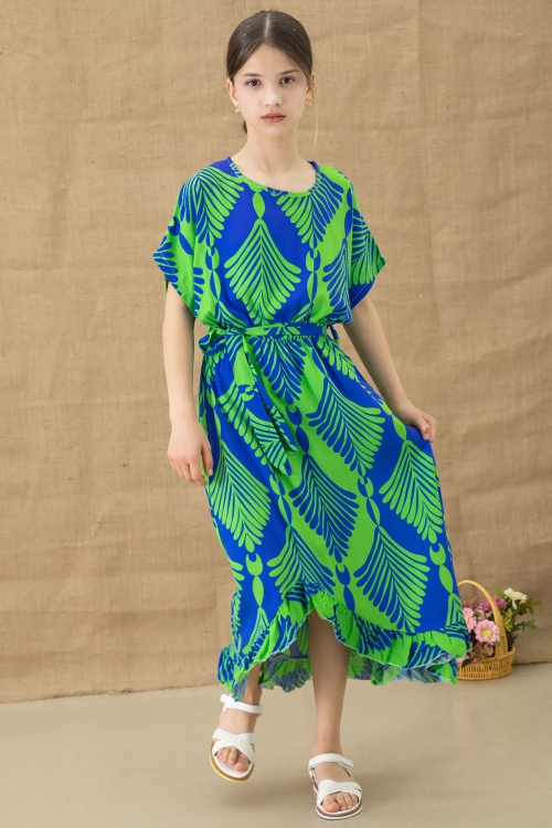 Yeşil Yaprak Desenli Fırfırlı Kız Çocuk Kuşaklı Elbise 20765