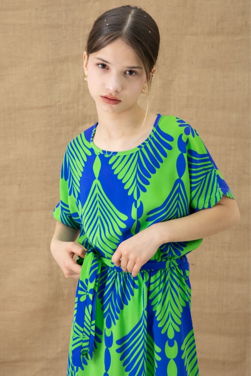 Yeşil Yaprak Desenli Fırfırlı Kız Çocuk Kuşaklı Elbise 20765