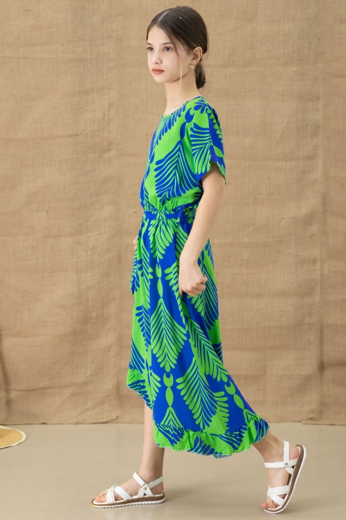 Yeşil Yaprak Desenli Fırfırlı Kız Çocuk Kuşaklı Elbise 20765