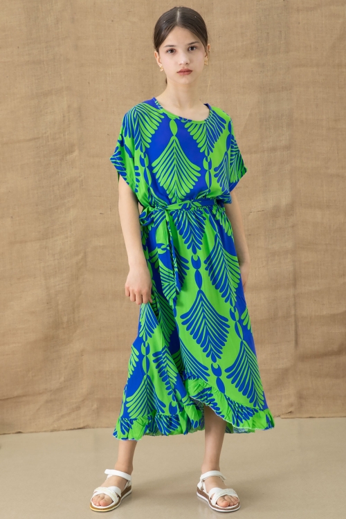 Yeşil Yaprak Desenli Fırfırlı Kız Çocuk Kuşaklı Elbise 20765