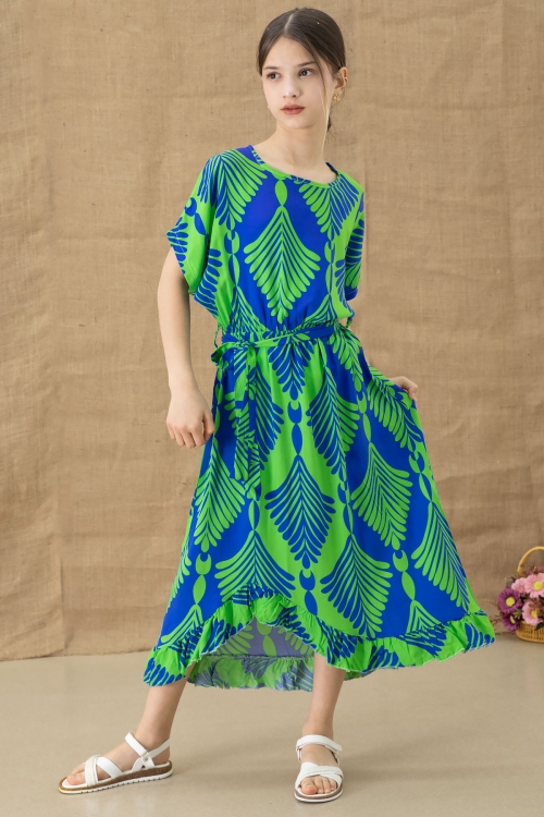 Yeşil Yaprak Desenli Fırfırlı Kız Çocuk Kuşaklı Elbise 20765