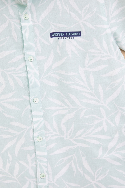 Yeşil Yaprak Desenli Keten Gömlekli Erkek Çocuk Takım 19116