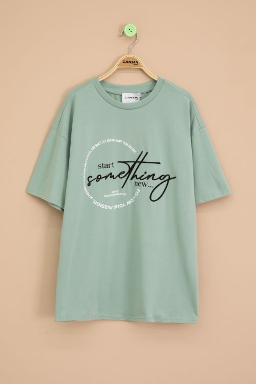 Yeşil Yazı Nakışlı Sırtı Baskılı Erkek Çocuk Bisiklet Yaka Tişört 20897