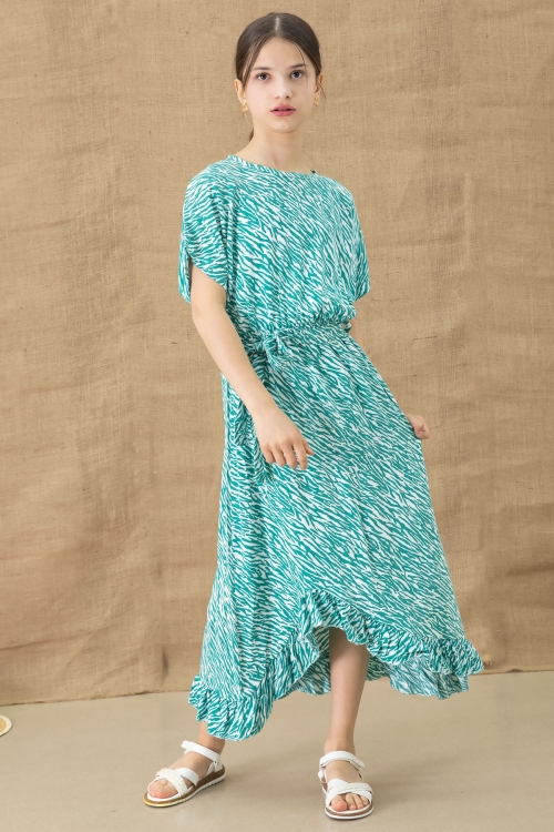 Yeşil Zebra Desenli Kuşaklı Kız Çocuk Kısa Kol Elbise 20770