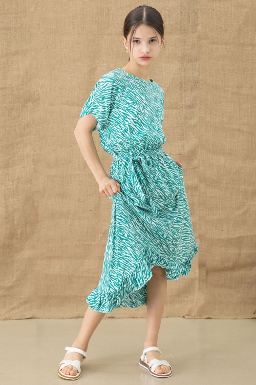 Yeşil Zebra Desenli Kuşaklı Kız Çocuk Kısa Kol Elbise 20770