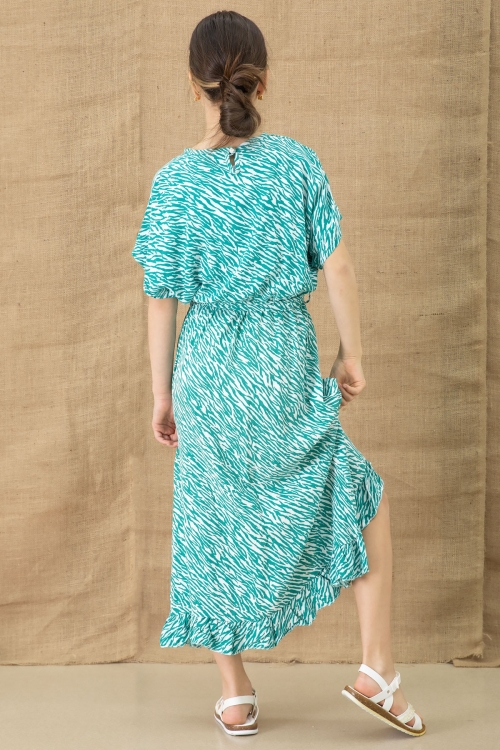 Yeşil Zebra Desenli Kuşaklı Kız Çocuk Kısa Kol Elbise 20770