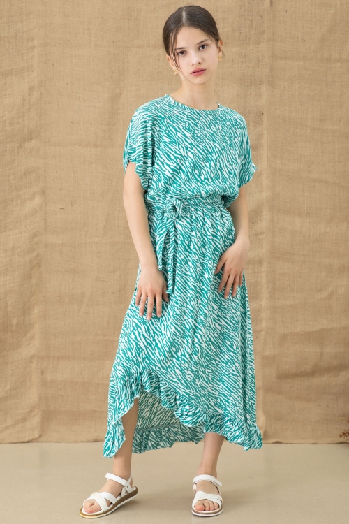 Yeşil Zebra Desenli Kuşaklı Kız Çocuk Kısa Kol Elbise 20770