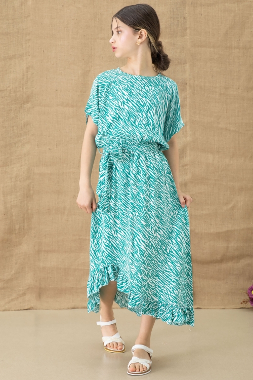 Yeşil Zebra Desenli Kuşaklı Kız Çocuk Kısa Kol Elbise 20770