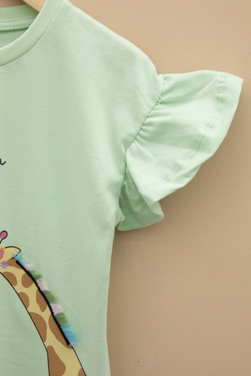 Yeşil Zürafa Baskılı Fırfırlı Kız Bebek Kısa Kol Tişört 20993